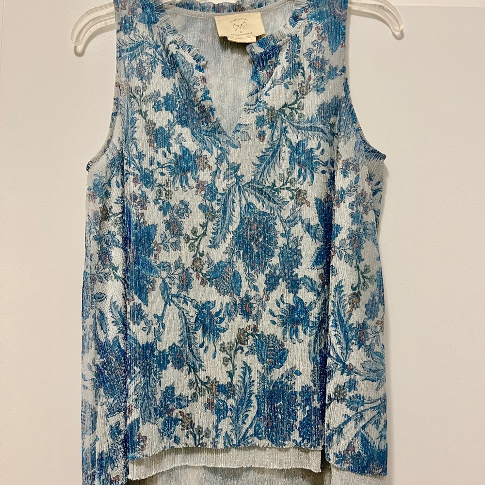 Anthropologie Vanessa Virginia Floral Sleeveless Tank Top Metallic Blue Size S